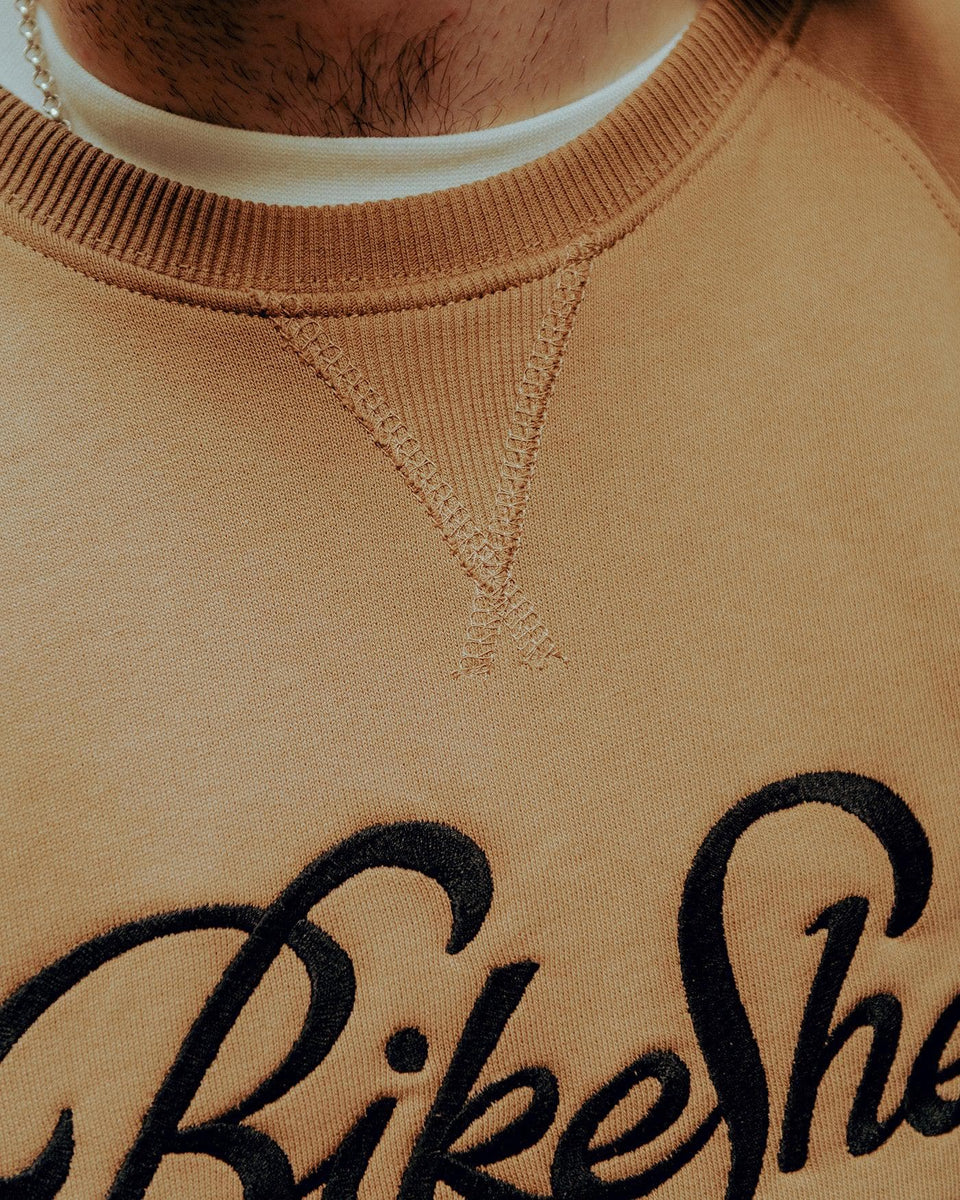 BSMC Motorcycle Garage Sweatshirt - Tan/Black, collar close up