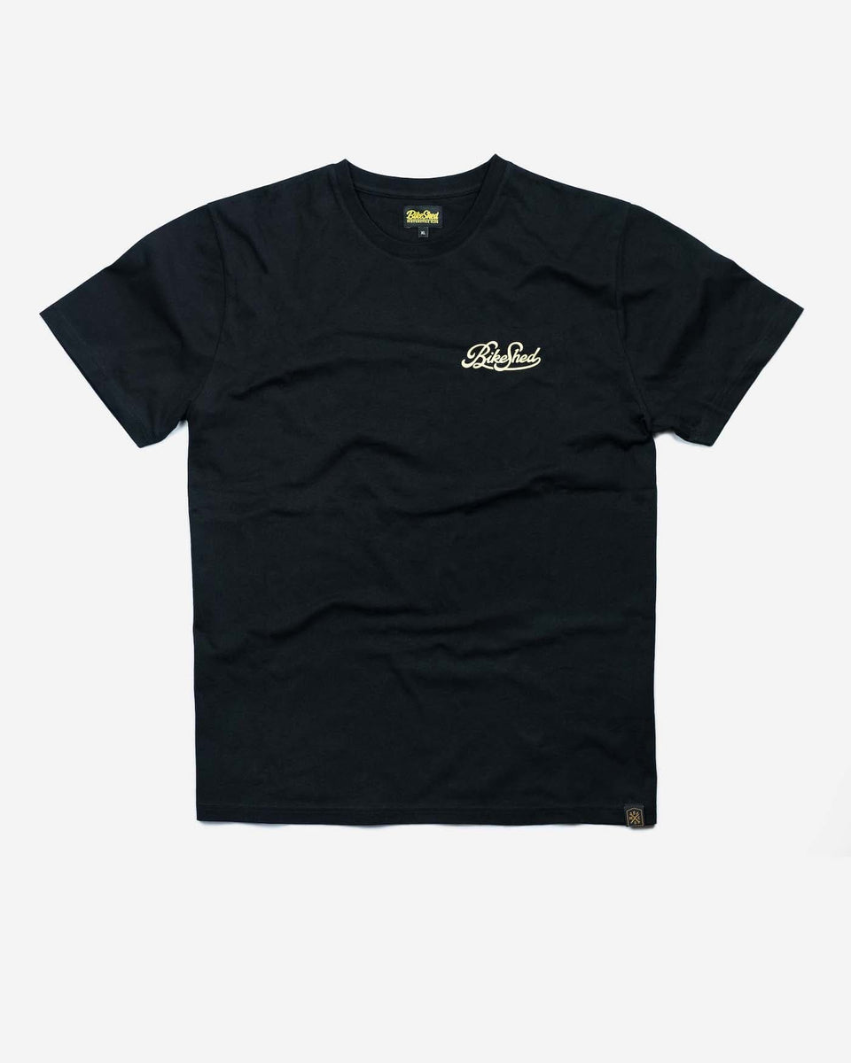 BSMC Motorcycle Garage T Shirt - Black & Gold, front
