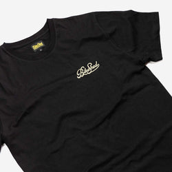 BSMC Garage T Shirt - Black & Gold, side on close up front