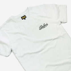 BSMC Garage T Shirt - White & Black, front side on close up