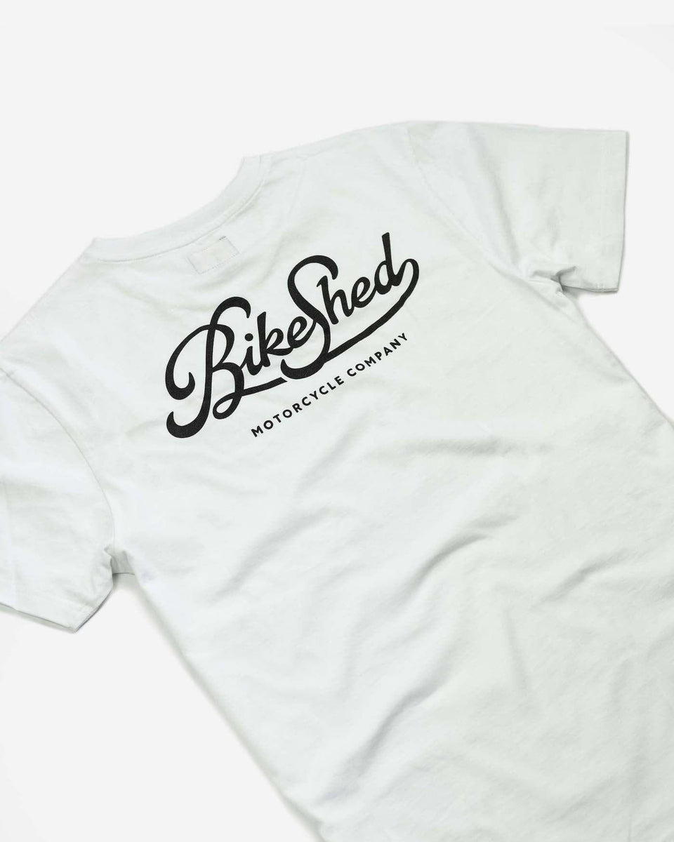 BSMC Motorcycle Garage T Shirt - White & Black, back print close up