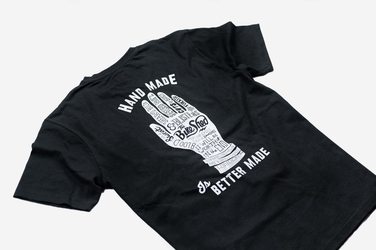 Bike Shed Motorcycle Company Handmade T Shirt - Black & White, back print side on