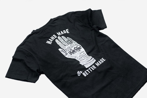 Bike Shed Motorcycle Company Handmade T Shirt - Black & White, back print side on