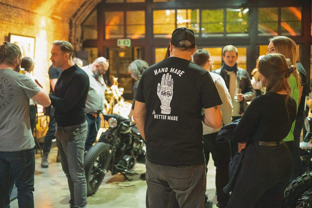 Dan wearing our Bike Shed Motorcycle Company  Handmade T Shirt - Black & White on a members night