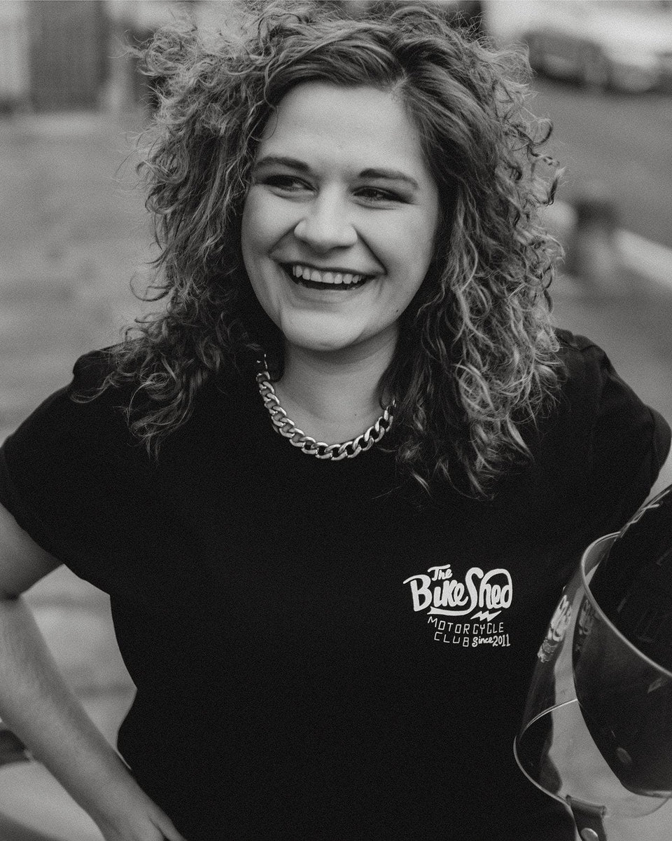 Anna wearing our Bike Shed Motorcycle Company - Black & White