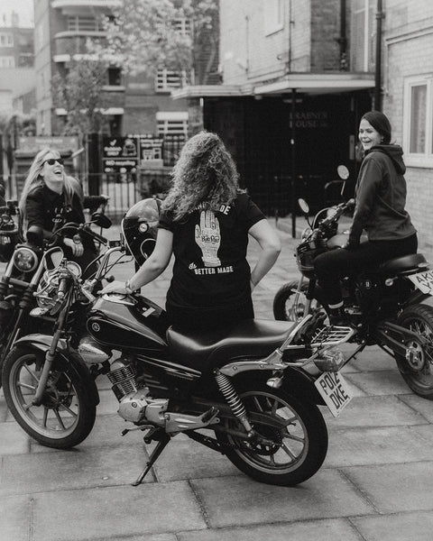 Anna chatting while wearing our Bike Shed Motorcycle Company - Black & White