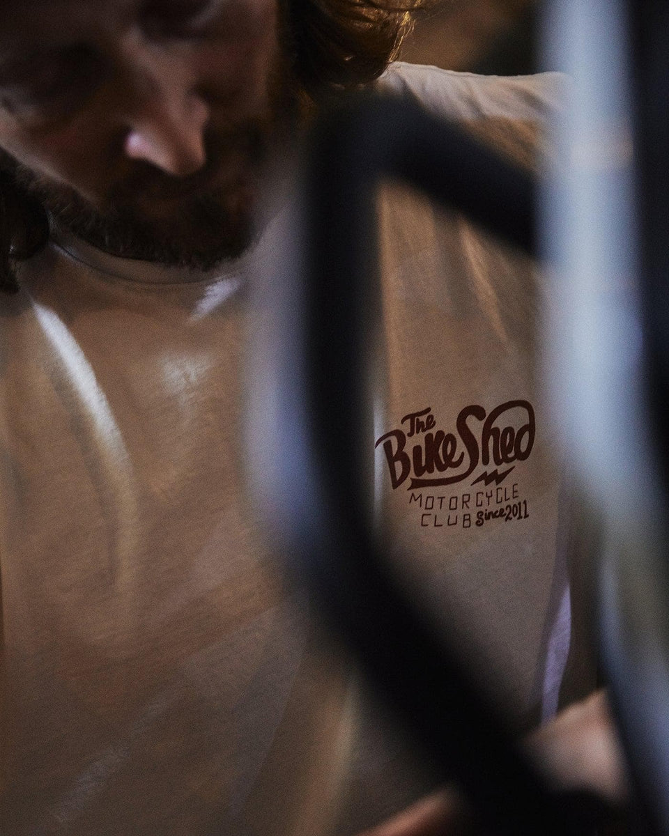 Bike Shed Motorcycle Company Graphic Handmade T Shirt - Cream, chest print close up