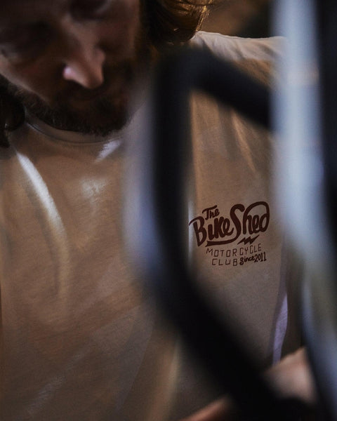 Bike Shed Motorcycle Company Graphic Handmade T Shirt - Cream, chest print close up