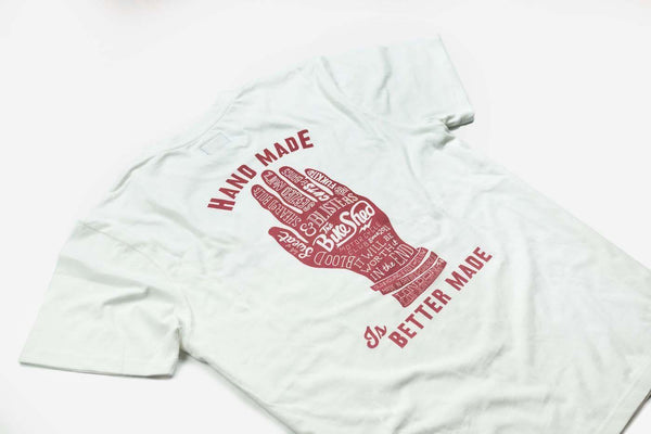 Bike Shed Motorcycle Company Graphic Handmade T Shirt - Cream, back print side on