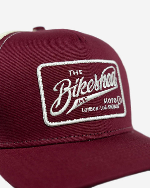 BSMC Inc. Cap - Burgundy & Cream, logo close up