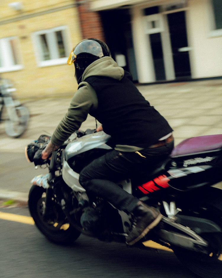 Donny riding his Fireblade wearing our BSMC Inc. Overhead Hoodie - Khaki Green