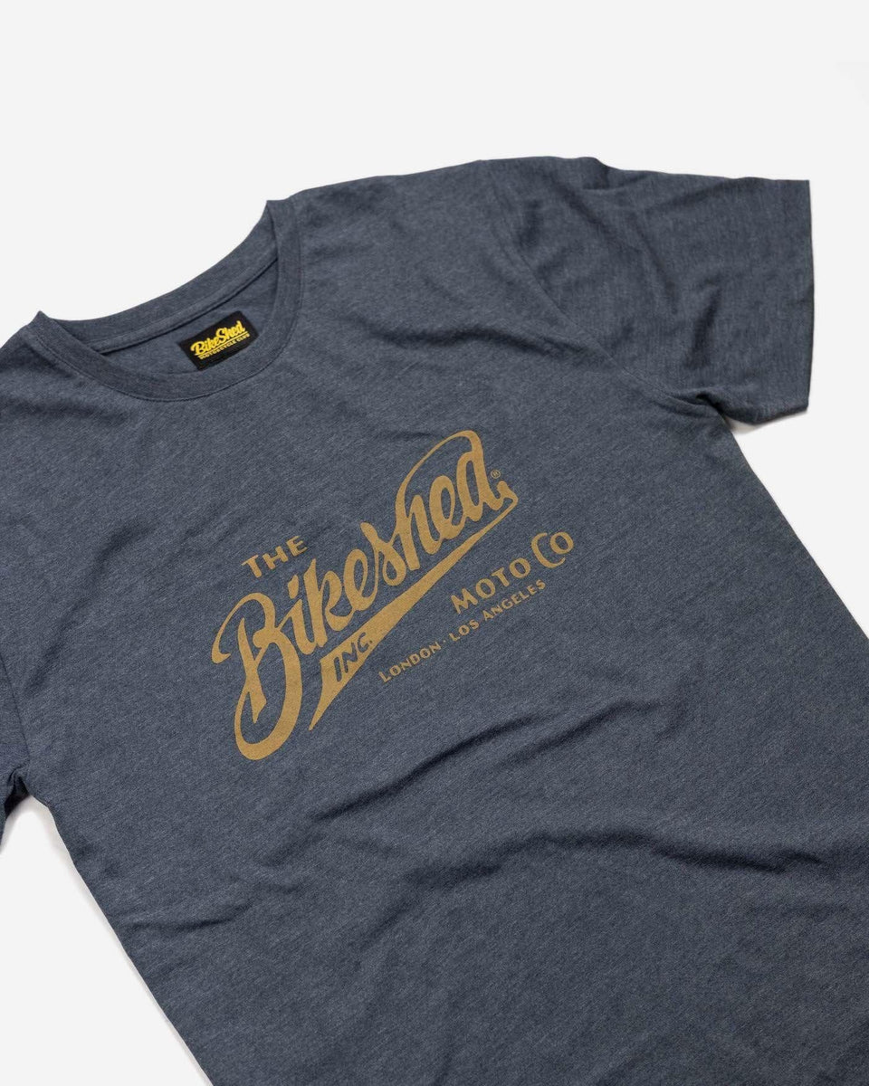 BSMC Inc. T Shirt - Heather Blue, side on close up