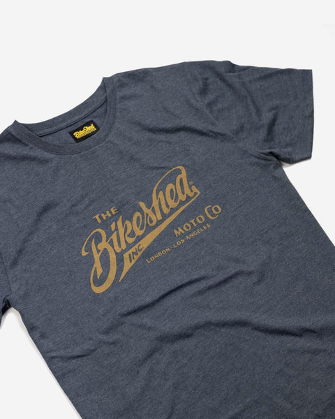 BSMC Inc. T Shirt - Heather Blue, side on close up