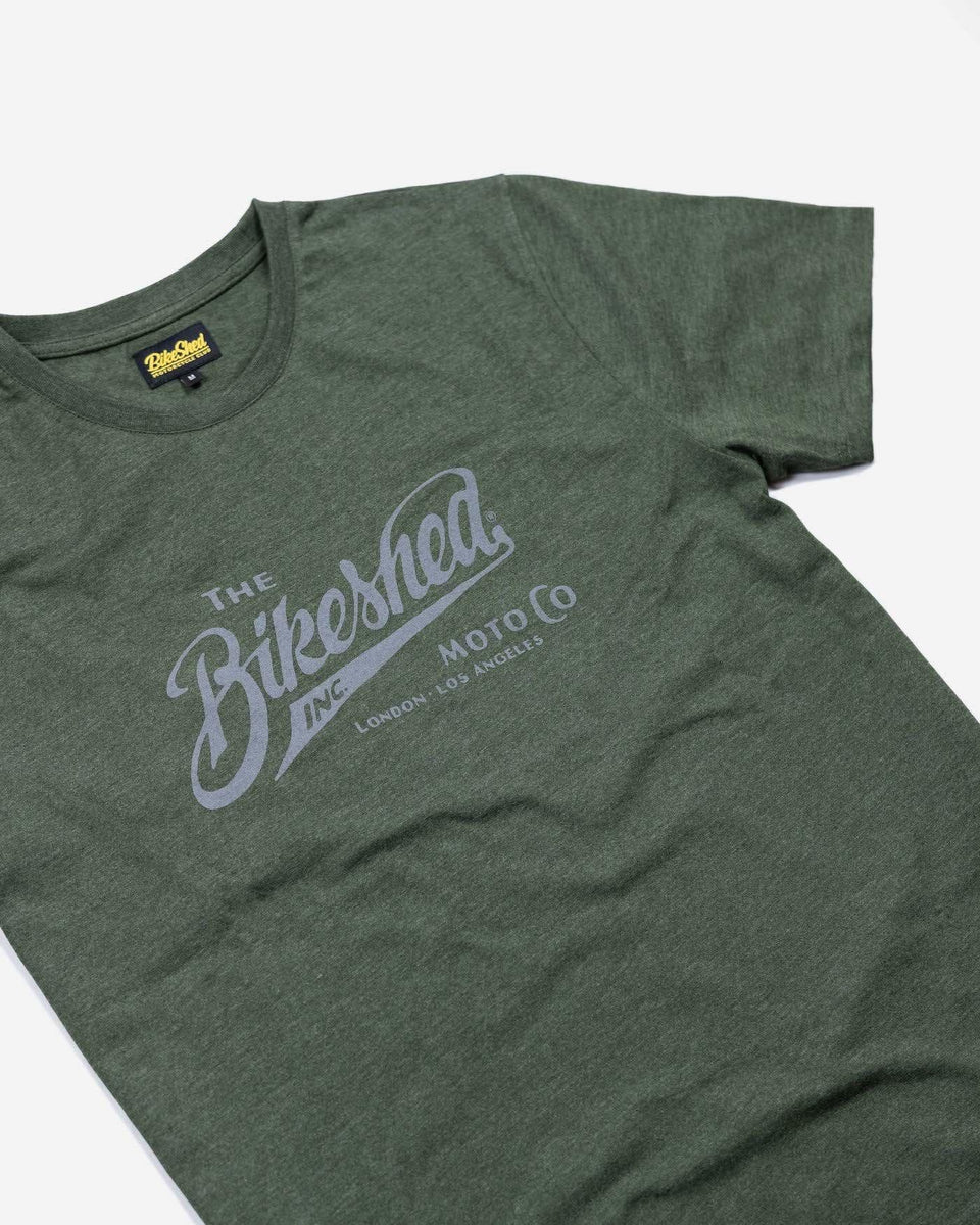 BSMC Inc. Motorcycle logo T-Shirt - Heather Green, side on close up