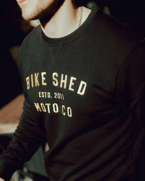 Steve wearing our Bike Shed Motorcycle Logo Sweatshirt - Black/Gold