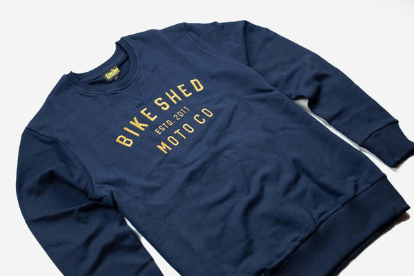 BSMC Moto Co. logo Sweatshirt - Navy/Mustard, side on close up