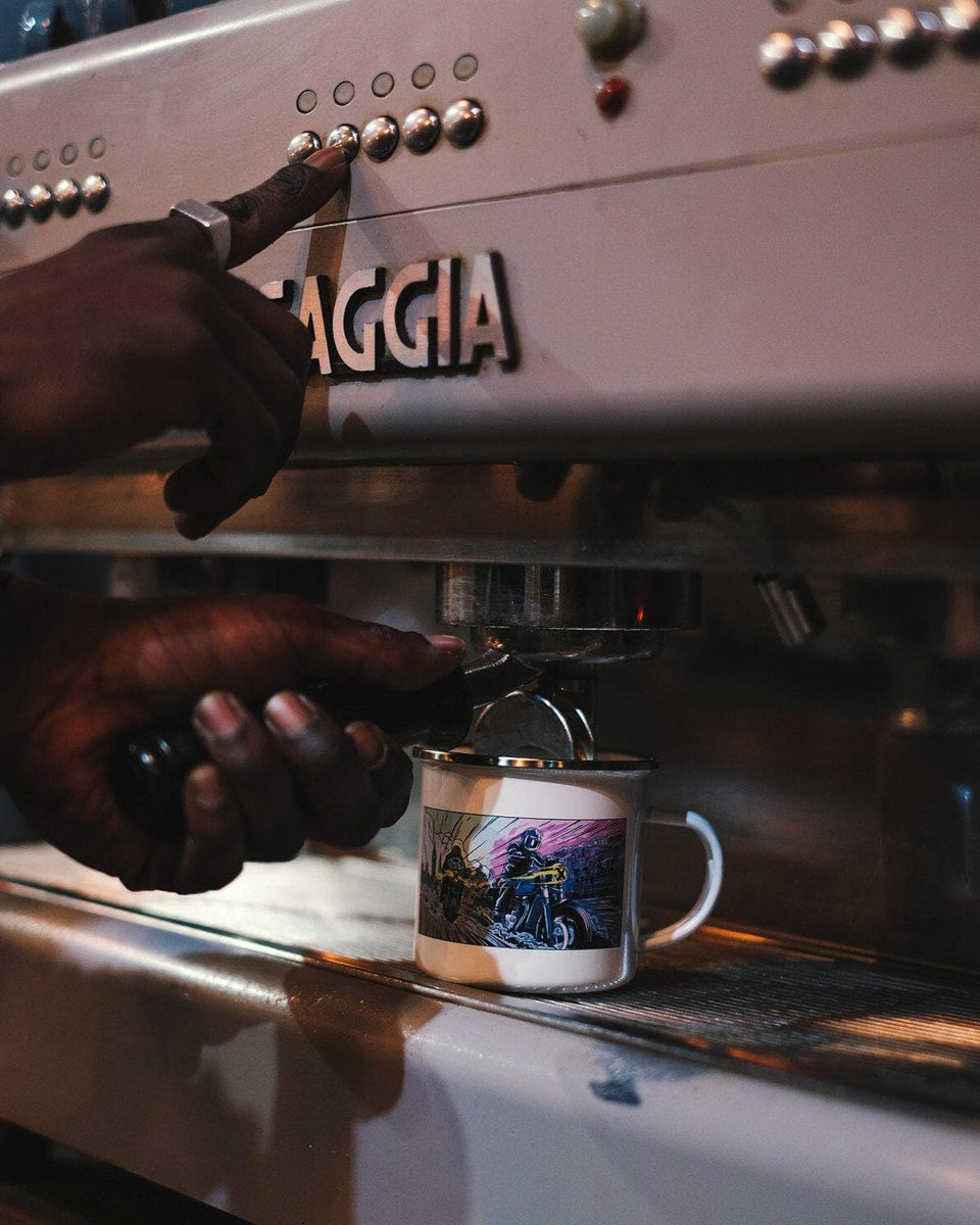 Motorcycle Mural Mug under espresso machine