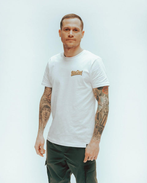 Luca modelling our BSMC Motorcycle Mural Graphic T Shirt - White