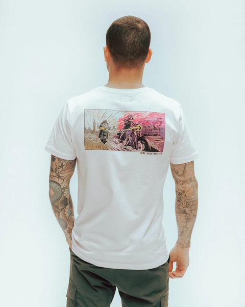 Luca modelling our BSMC Motorcycle Mural Graphic T Shirt - White