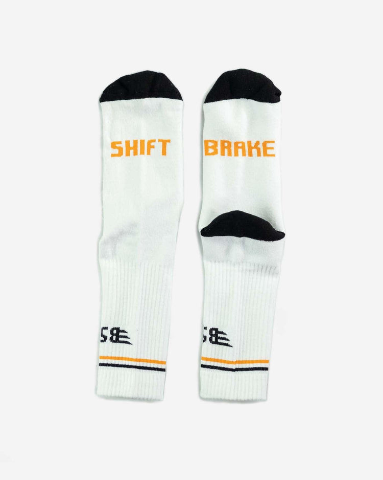 BSMC MX Socks - WHITE/ORANGE, shift & brake logos