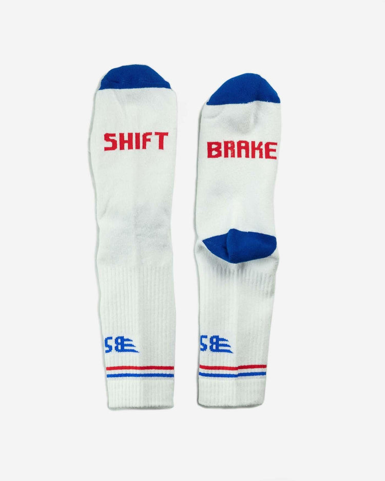 BSMC MX Socks - WHITE/BLUE, shift & brake logos