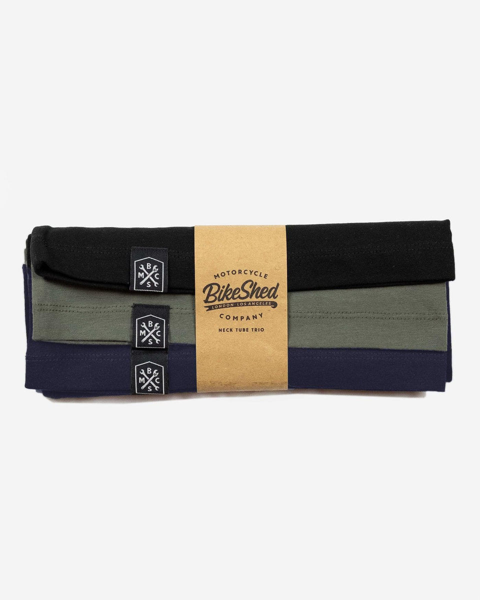 BSMC Motorcycle Neck Tube Trio - Black, green & navy, front on