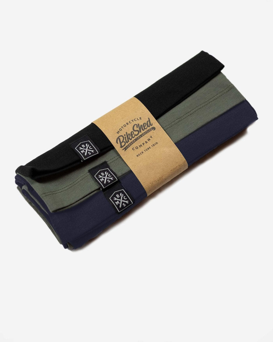 BSMC Motorcycle Neck Tube Trio - Black, green & navy, side on