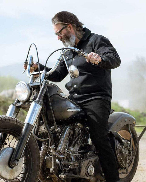 Model on his Harley wearing our BSMC Protective - Road Jean - Black