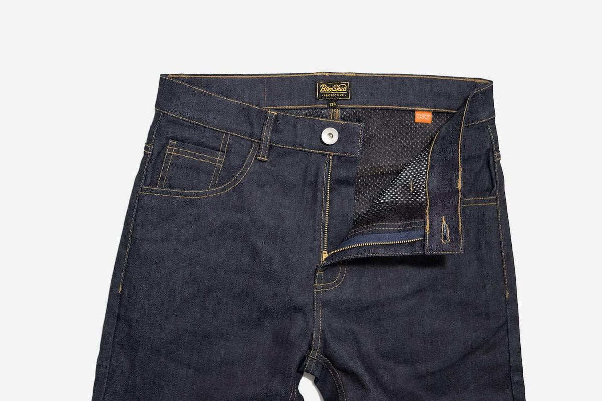 Protective Motorcycle Road Jeans - Raw Indigo, zip fly and button