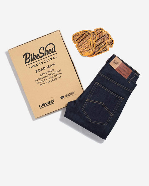 Protective Motorcycle Road Jeans - Raw Indigo, folded with packaging and armour