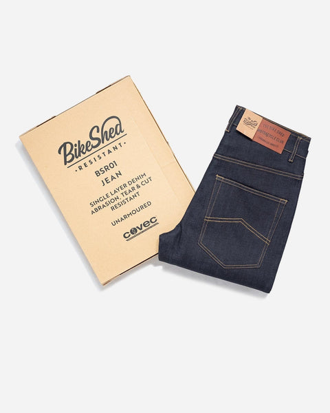 Motorcycle Resistant - BSR01 Jeans - Raw Indigo, folded with packaging