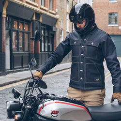Gareth wearing our BSMC Resistant Overshirt - Indigo with a Yamaha XSR