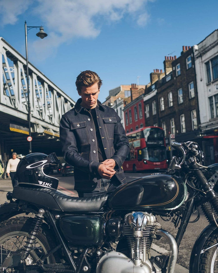 Harry wearing our BSMC Resistant Overshirt - Indigo in London