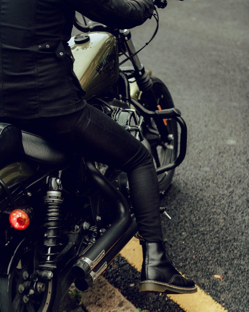 Clare on her Harley wearing our Motorcycle Resistant Women's Skinny Jean - Black