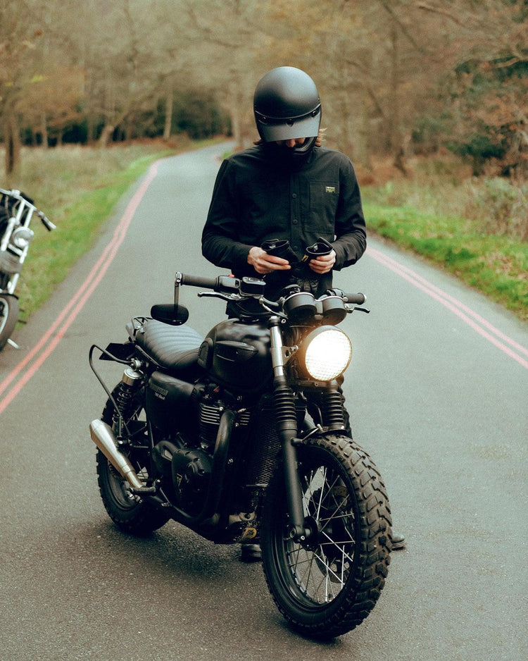 Dan standing next to his Triumph wearing our BSMC Ripstop Utility Shirt MKII - BLACK