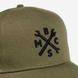 BSMC Spanners Cap - Khaki Green, logo close up