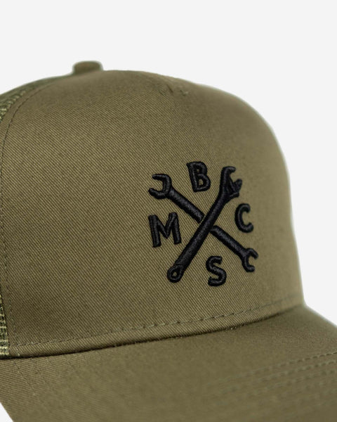 BSMC Embroidered Wrench Logo Baseball Hat - Khaki Green, logo close up
