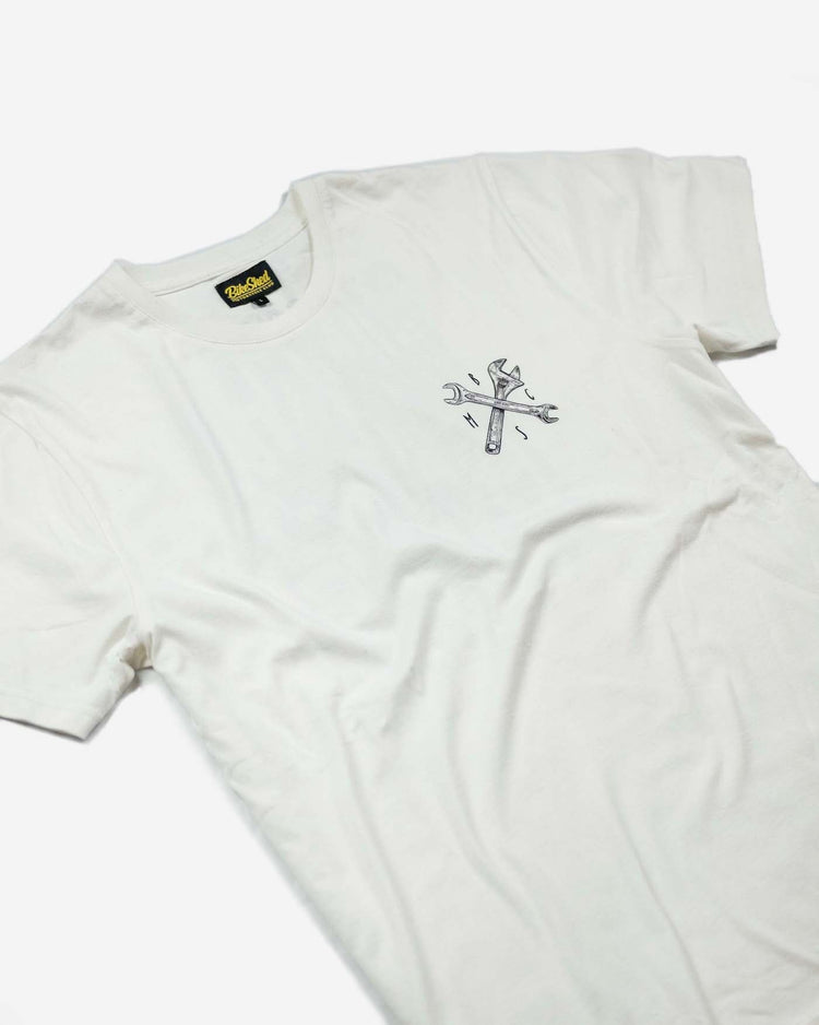 BSMC Toolkit T Shirt - White, front logo close up