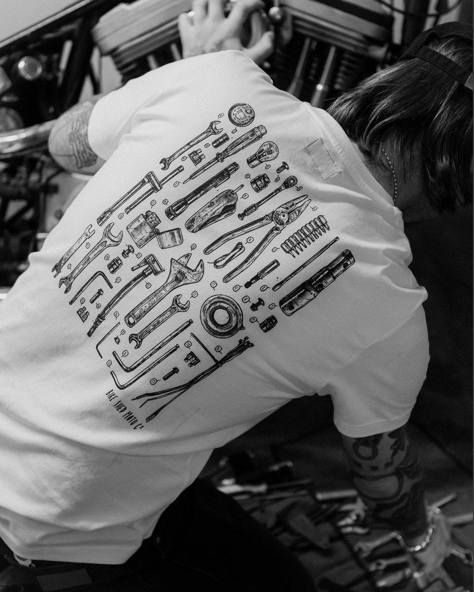 James wearing our BSMC Motorcycle Toolkit Graphic T Shirt - White
