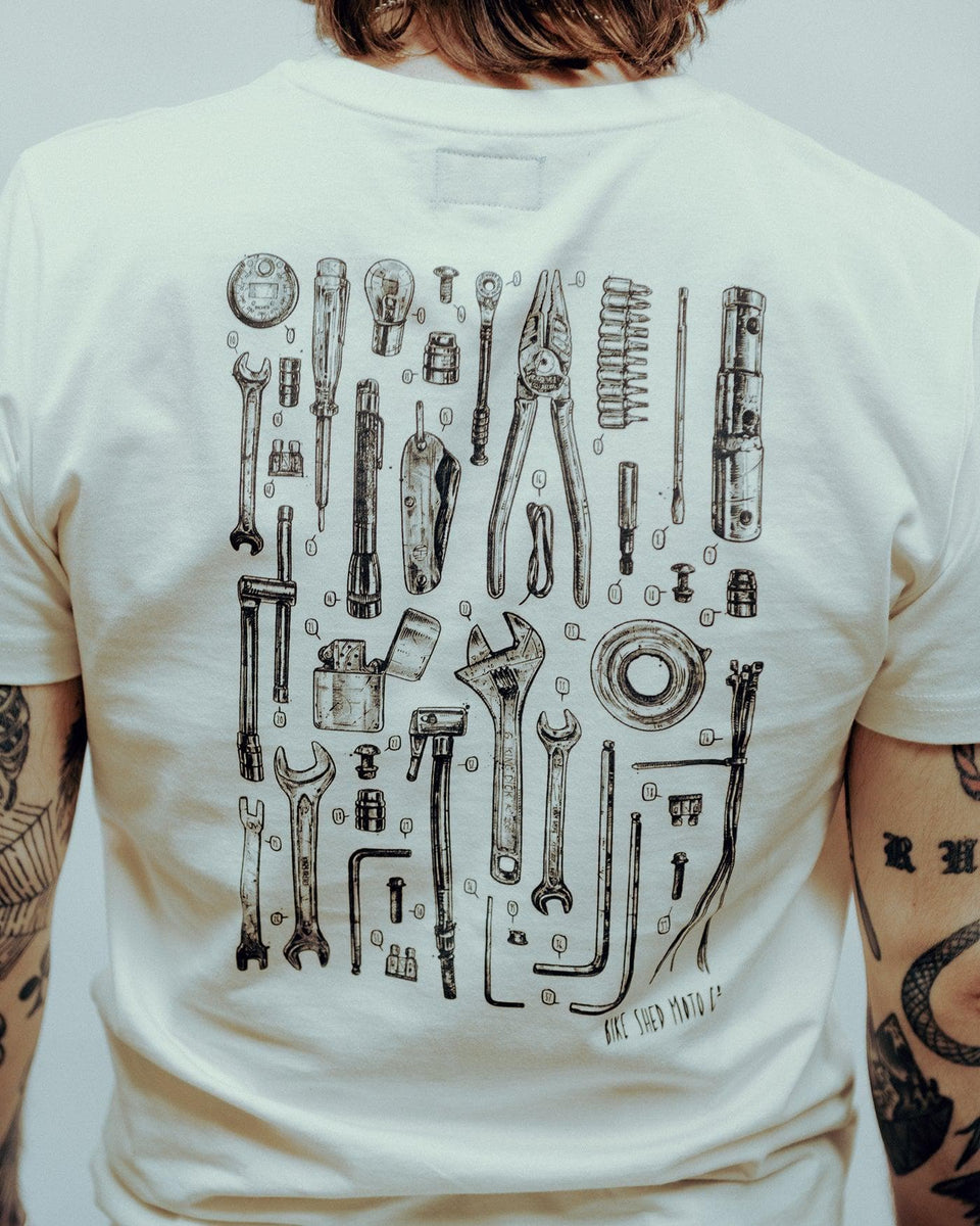 James wearing our BSMC Motorcycle Toolkit Graphic T Shirt , back print close up