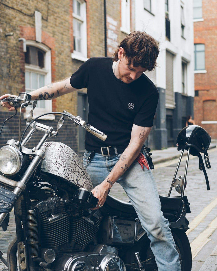 Kane wearing our BSMC Waffle T Shirt - Black on his Harley