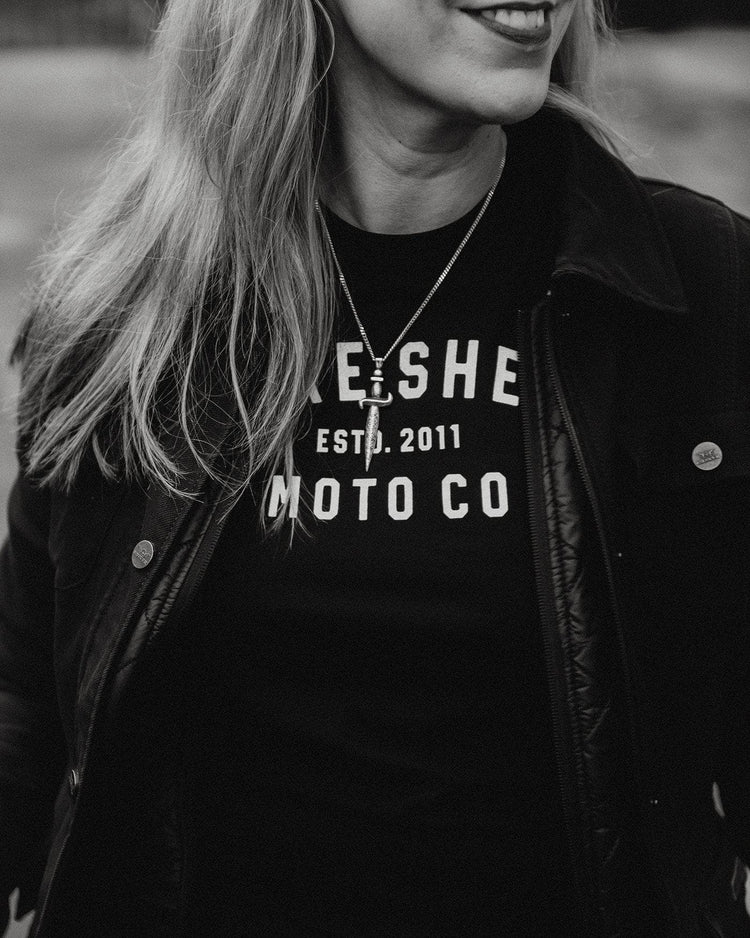 Clare wearing our BSMC Ladies Moto Co. T Shirt - Black