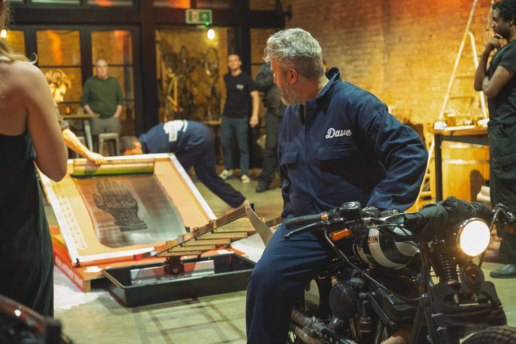 Dave pulling the screen print on BSMC x Dave Buonaguidi - Motorcycle Pulled "Handmade Is Better Made" Print
