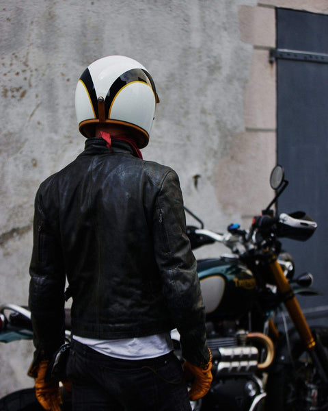 Model wearing our BSMC x Hedon Club Motorcycle Classic Helmet DOT