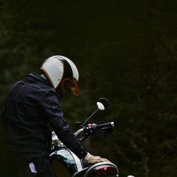 Model wearing our BSMC x Hedon Club Classic Helmet DOT in the forest