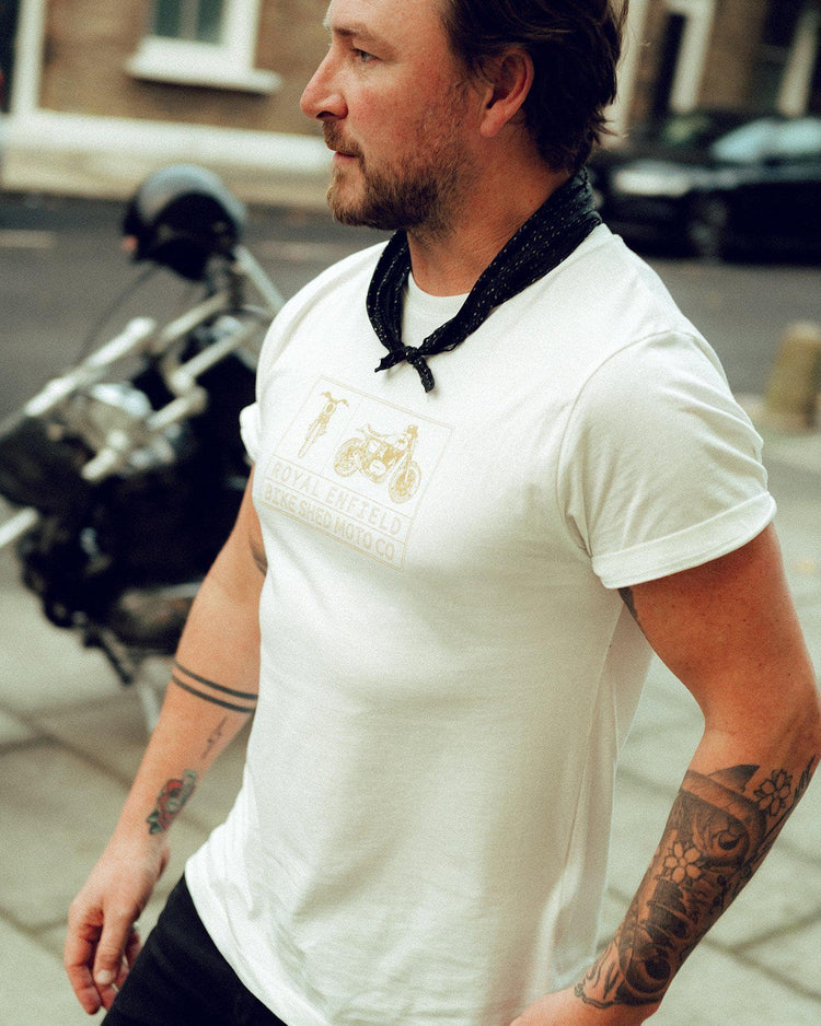 Donny wearing our BSMC x Royal Enfield Aspect T Shirt - White