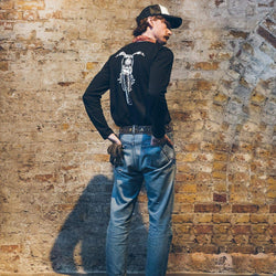 Kane wearing our BSMC x Royal Enfield Headlight LS T Shirt - Black