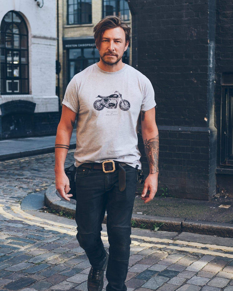 Donny wearing our BSMC x Royal Enfield Inverse T Shirt - Grey