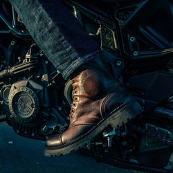 BSMC X Umberto Luce Boot - Coffee Brown, on bike footrest