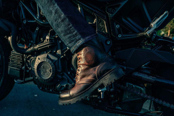Motorcycle X Umberto Luce Boot - Coffee Brown, on bike footrest